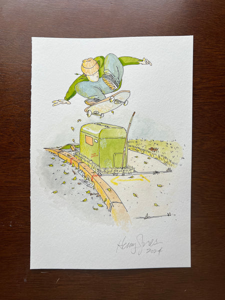 "Sidewalk Kickflip" - Original 7x10" Watercolor/Crayon Illustration